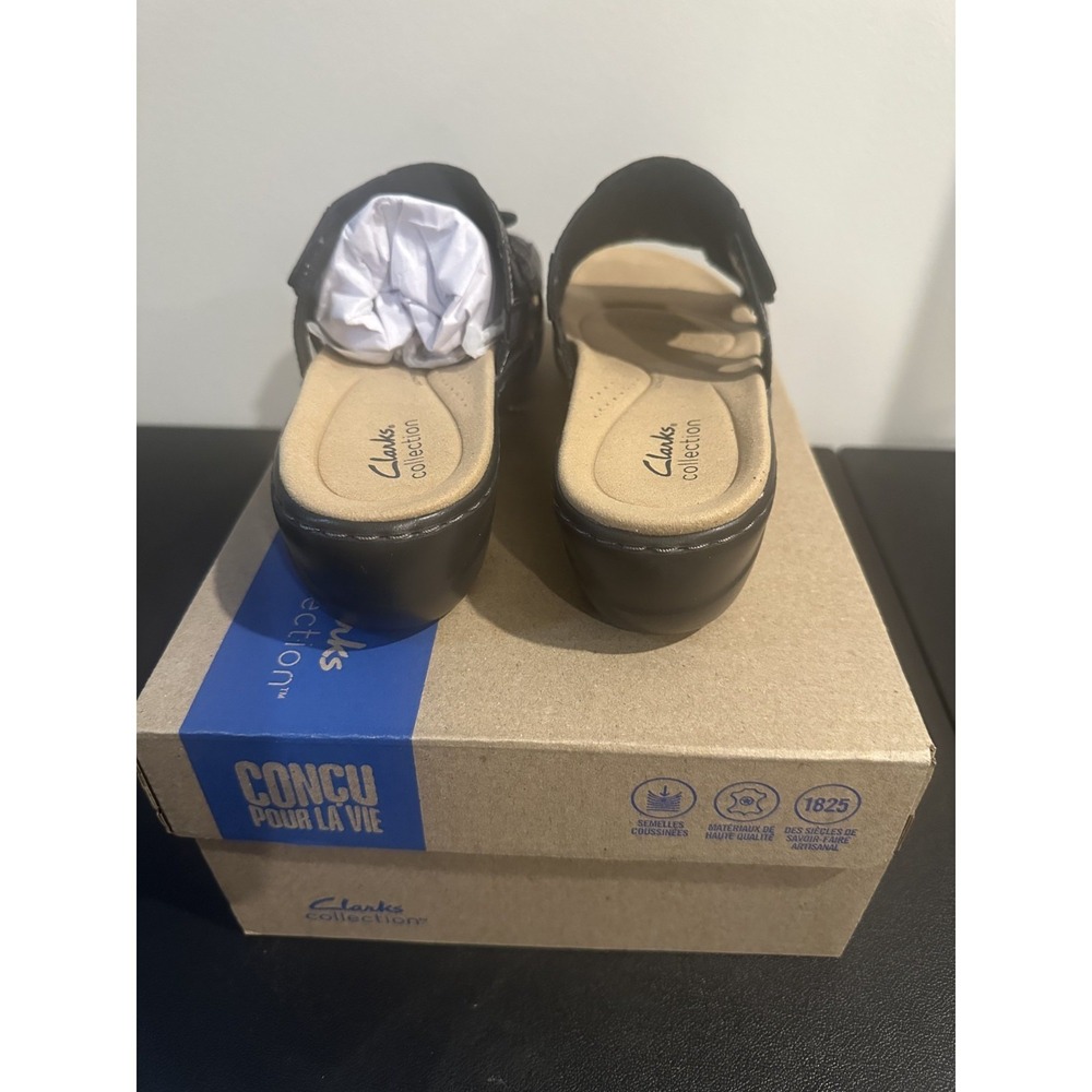 Clarks Collection Merliah2 Belle 9 Black Leather Floral Slide Sandals 26181720 - Picture 3 of 11
